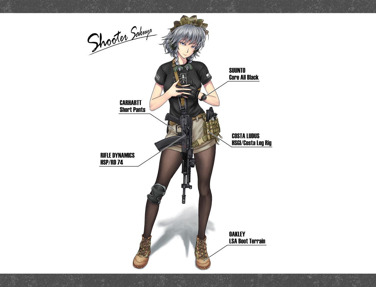 boots, bow, gloves, gray_hair, gun, headdress, izayoi_sakuya, shorts, sniper, stockings, touhou, weapon