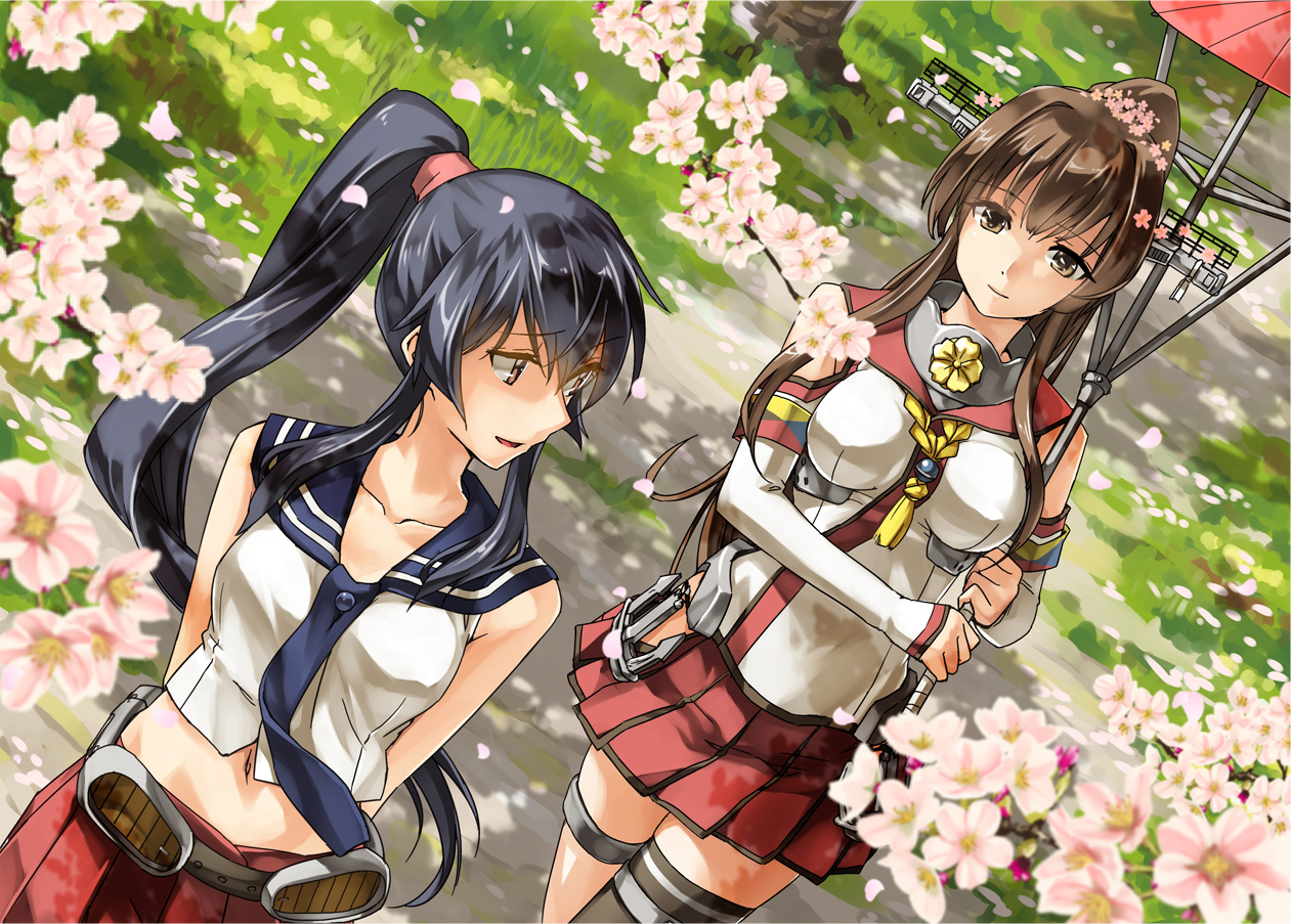 2girls, abo_(hechouchou), anthropomorphism, cherry_blossoms, flowers, kantai_collection, ponytail, yahagi_(kancolle)
