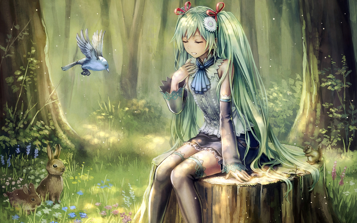 anbe_yoshirou, animal, bird, dress, flowers, forest, grass, green_hair