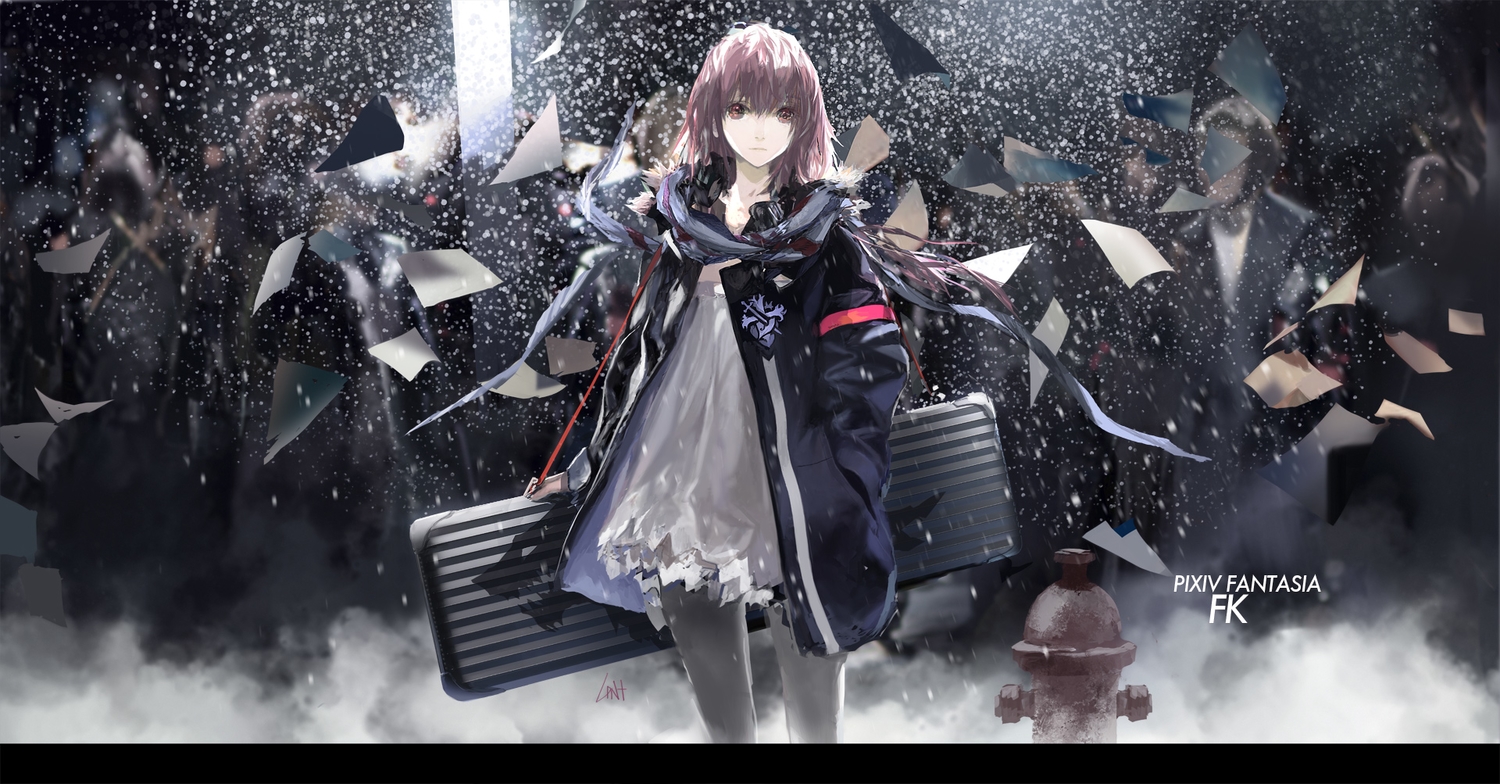berlinetta, lin+, original, paper, pink_hair, pixiv_fantasia, red_eyes, scarf, signed, snow, stockings