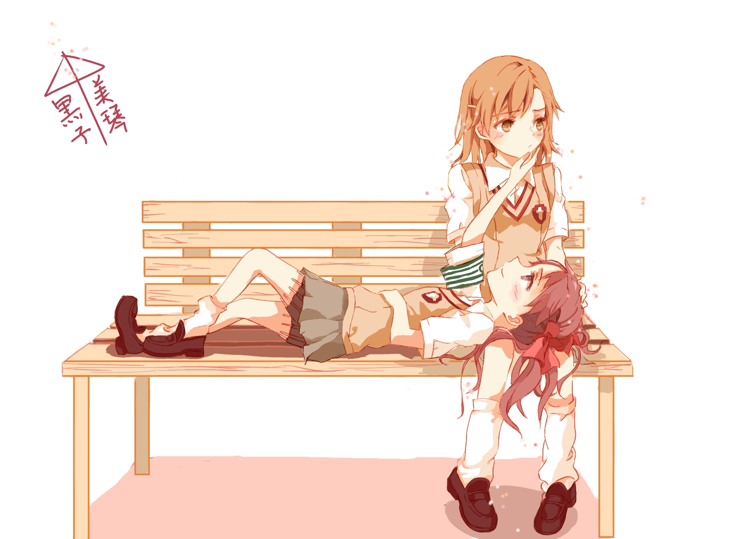 2girls, blush, brown_eyes, brown_hair, ghost, misaka_mikoto, red_hair, school_uniform, shirai_kuroko, shoujo_ai, skirt, socks, to_aru_kagaku_no_railgun, to_aru_majutsu_no_index, twintails, white