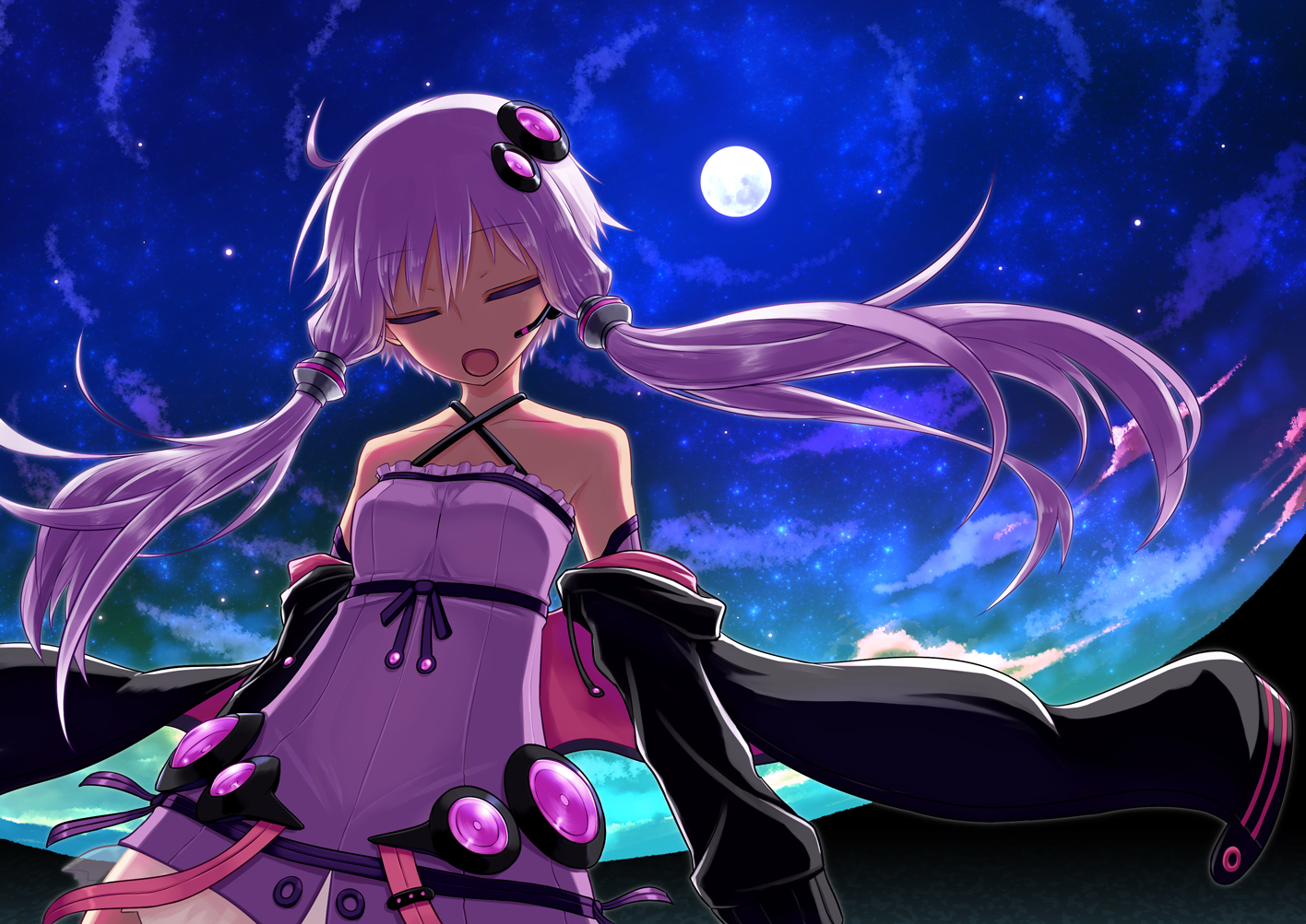 hood, kurakumo_nue, moon, night, purple_hair, sky, stars, twintails, vocaloid, voiceroid, yuzuki_yukari