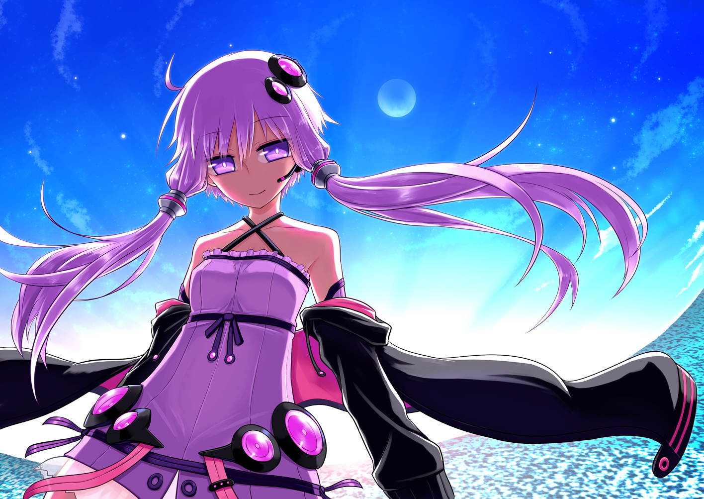hood, kurakumo_nue, long_hair, moon, purple_eyes, purple_hair, sky, stars, twintails, vocaloid, voiceroid, yuzuki_yukari
