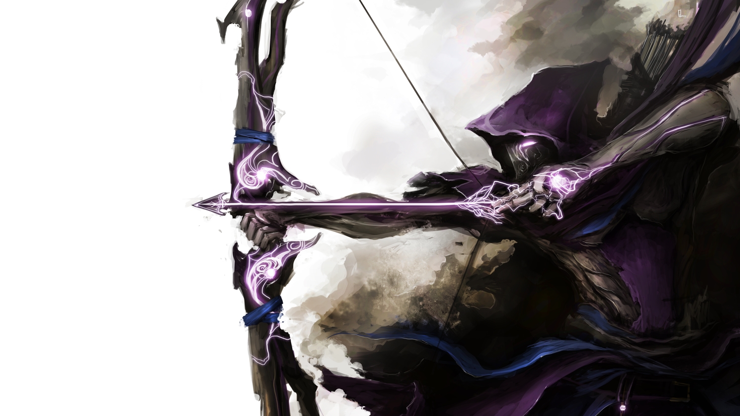bow_(weapon), hawkeye_(avengers), hood, magic, mask, purple_eyes, scarf, signed, the_avengers, thedurrrrian, third-party_edit, torn_clothes, weapon