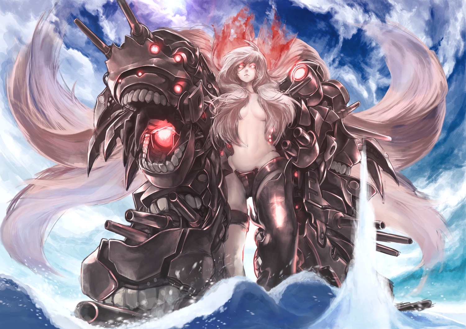 anthropomorphism, breasts, hachachi, jpeg_artifacts, kantai_collection, long_hair, navel, red_eyes, southern_ocean_war_hime, water, white_hair