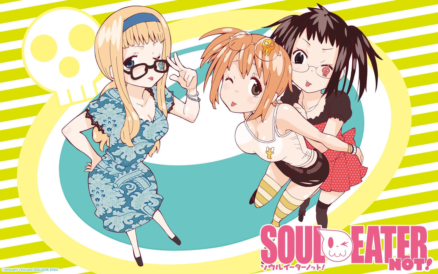 anya_hepburn, breasts, cleavage, dress, glasses, harudori_tsumugi, ookubo_atsushi, soul_eater, soul_eater_not!, tatane_meme, thighhighs, wink