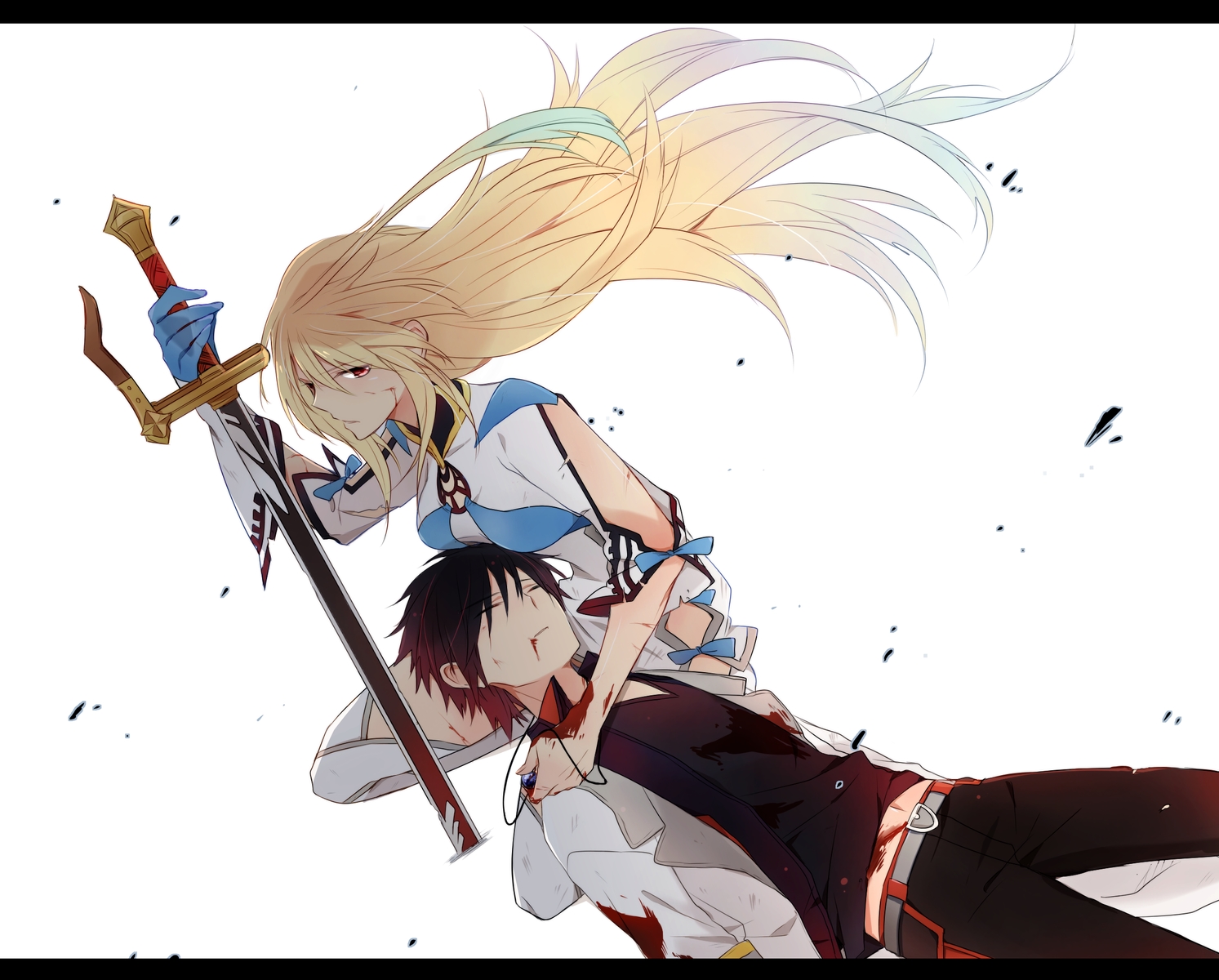 black_hair, blonde_hair, blood, julius_will_kresnik, milla_maxwell, red_eyes, ribbons, sword, tagme_(artist), tales_of_xillia_2, weapon, white