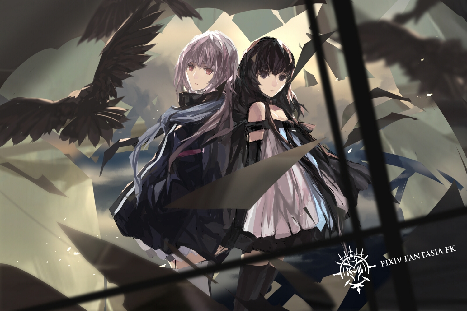 2girls, animal, berlinetta, bird, black_eyes, black_hair, dress, long_hair