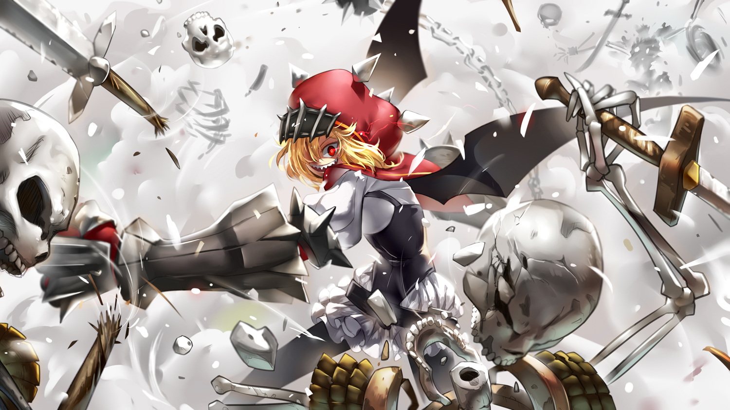 blonde_hair, bobomaster, hat, original, pixiv_fantasia, red_eyes, skull, sword