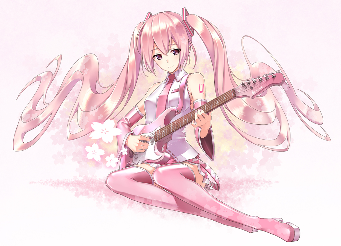fame_peera, guitar, hatsune_miku, instrument, long_hair, pink_eyes, pink_hair, sakura_miku, twintails, vocaloid