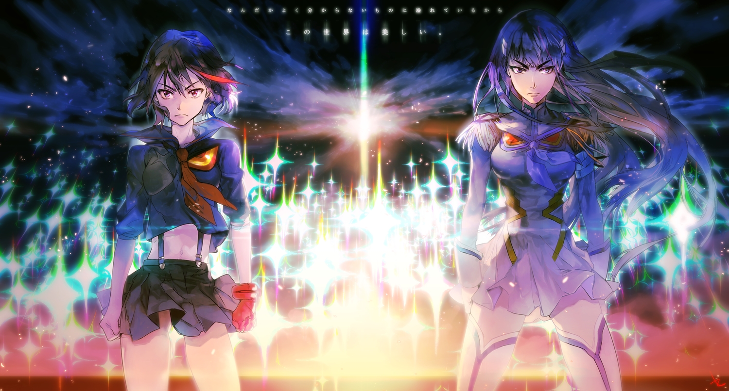 2girls, black_eyes, black_hair, gloves, kill_la_kill, kiryuin_satsuki, long_hair, matoi_ryuuko