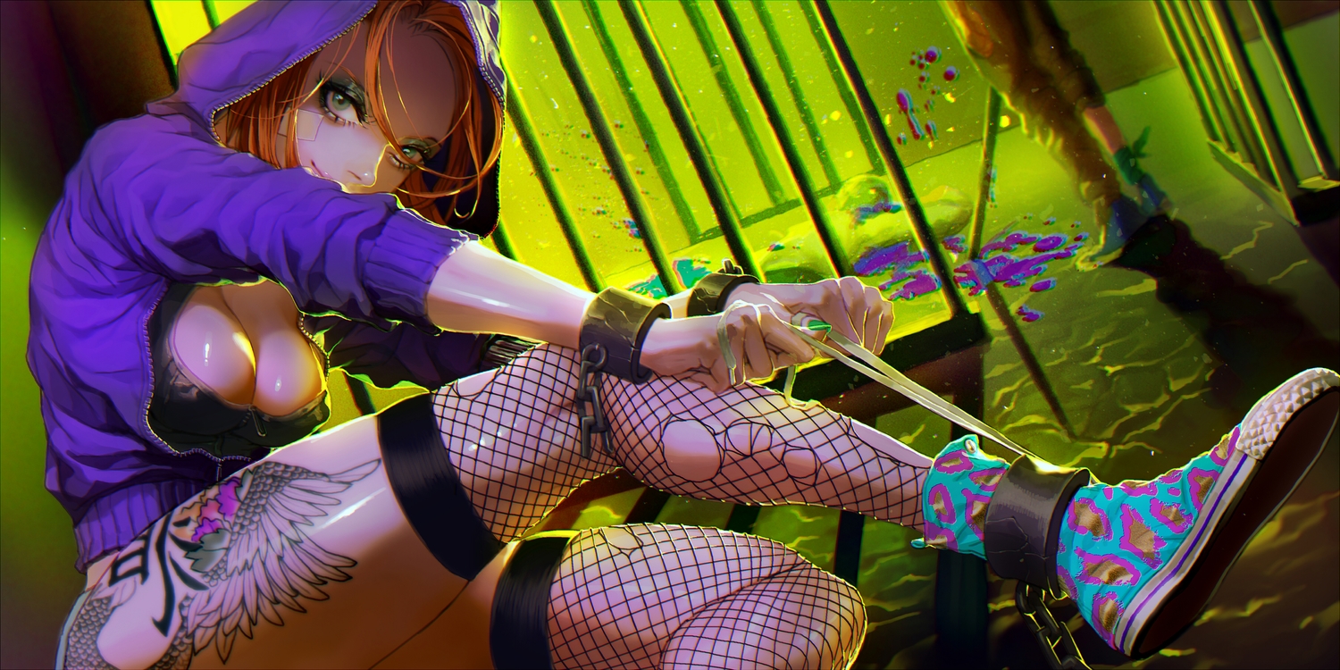 blood, breasts, brown_hair, cleavage, green_eyes, original, rukiana, shackles, stockings, tattoo, thighhighs, torn_clothes, weapon, wristwear