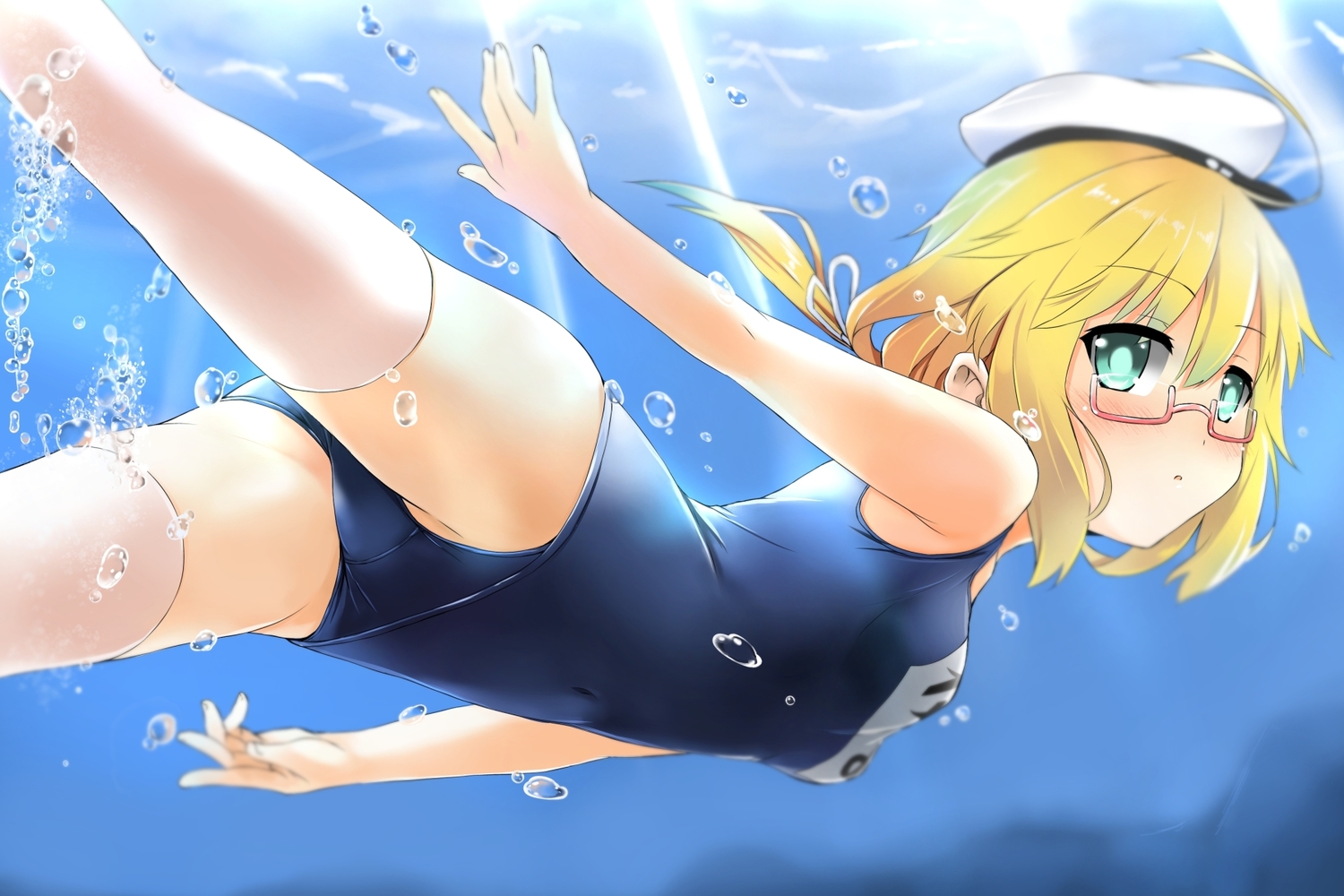 anthropomorphism, blonde_hair, blush, bubbles, glasses, green_eyes, hat, i-8_(kancolle), kantai_collection, school_swimsuit, swimsuit, toichi, underwater, water