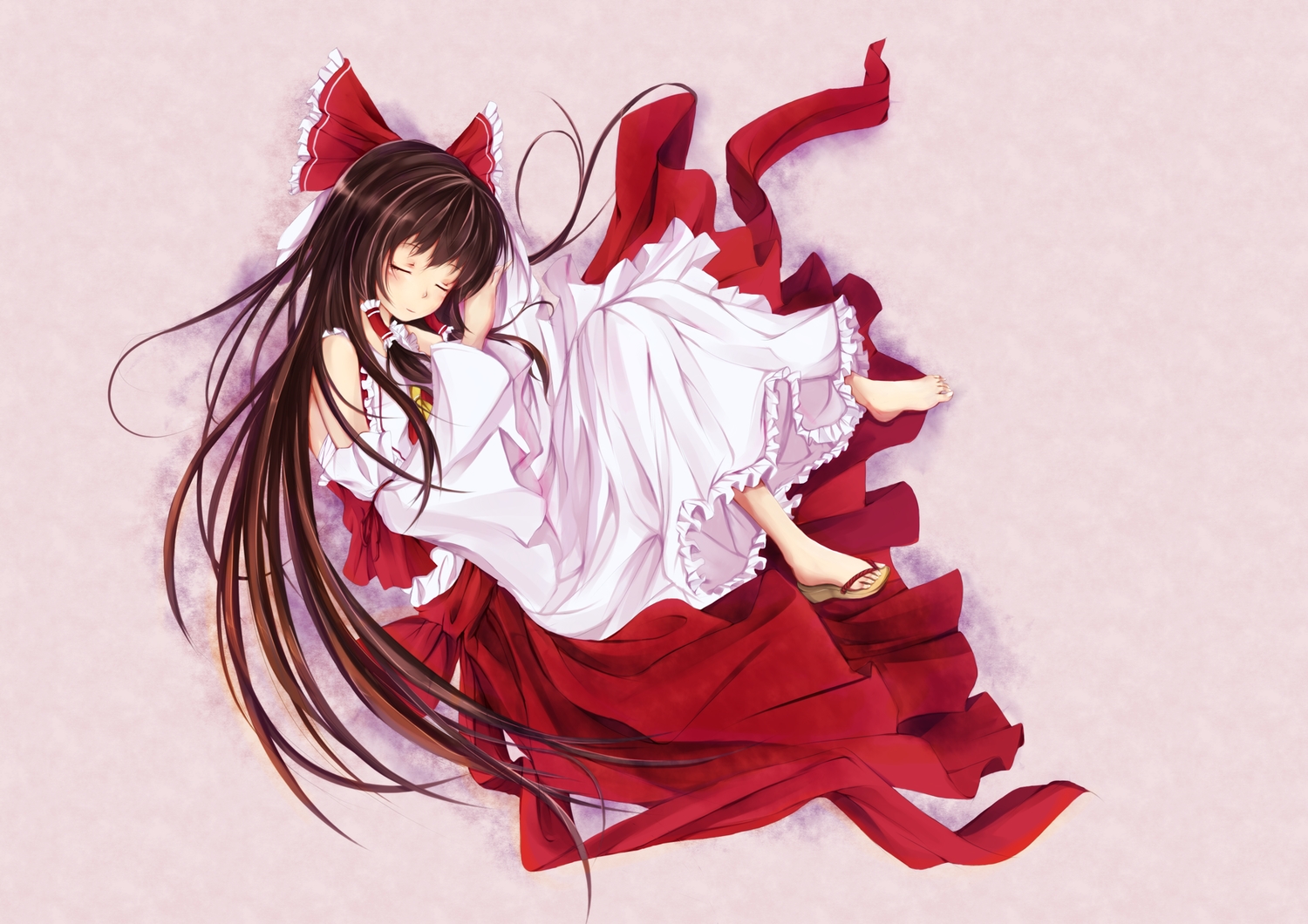 barefoot, bow, brown_hair, hakurei_reimu, japanese_clothes, long_hair, miko, sleeping