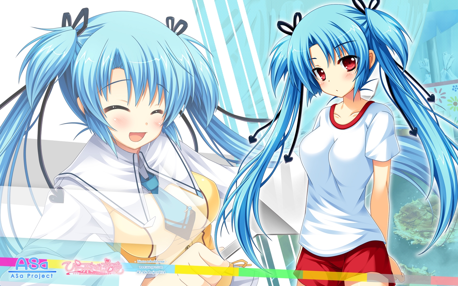 asa_project, blue_hair, gym_uniform, hitotsu_tobashi_ren'ai, long_hair, school_uniform, sonohara_aori, tagme_(artist)