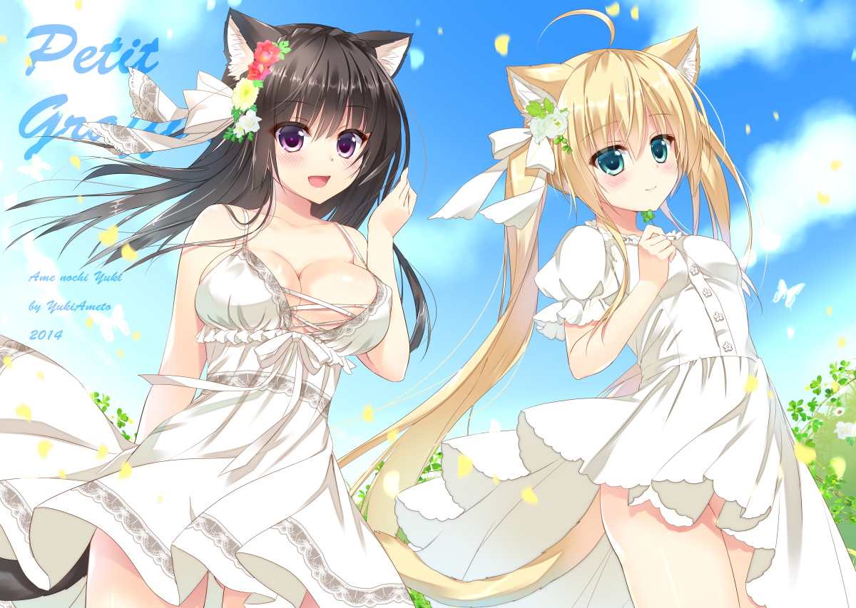 ameto_yuki, animal_ears, anzu_cocoa, black_hair, blonde_hair, blue_eyes, breasts, catgirl, chocomint_(ameto_yuki), cleavage, dress, long_hair, nopan, original, purple_eyes, tail, twintails, watermark