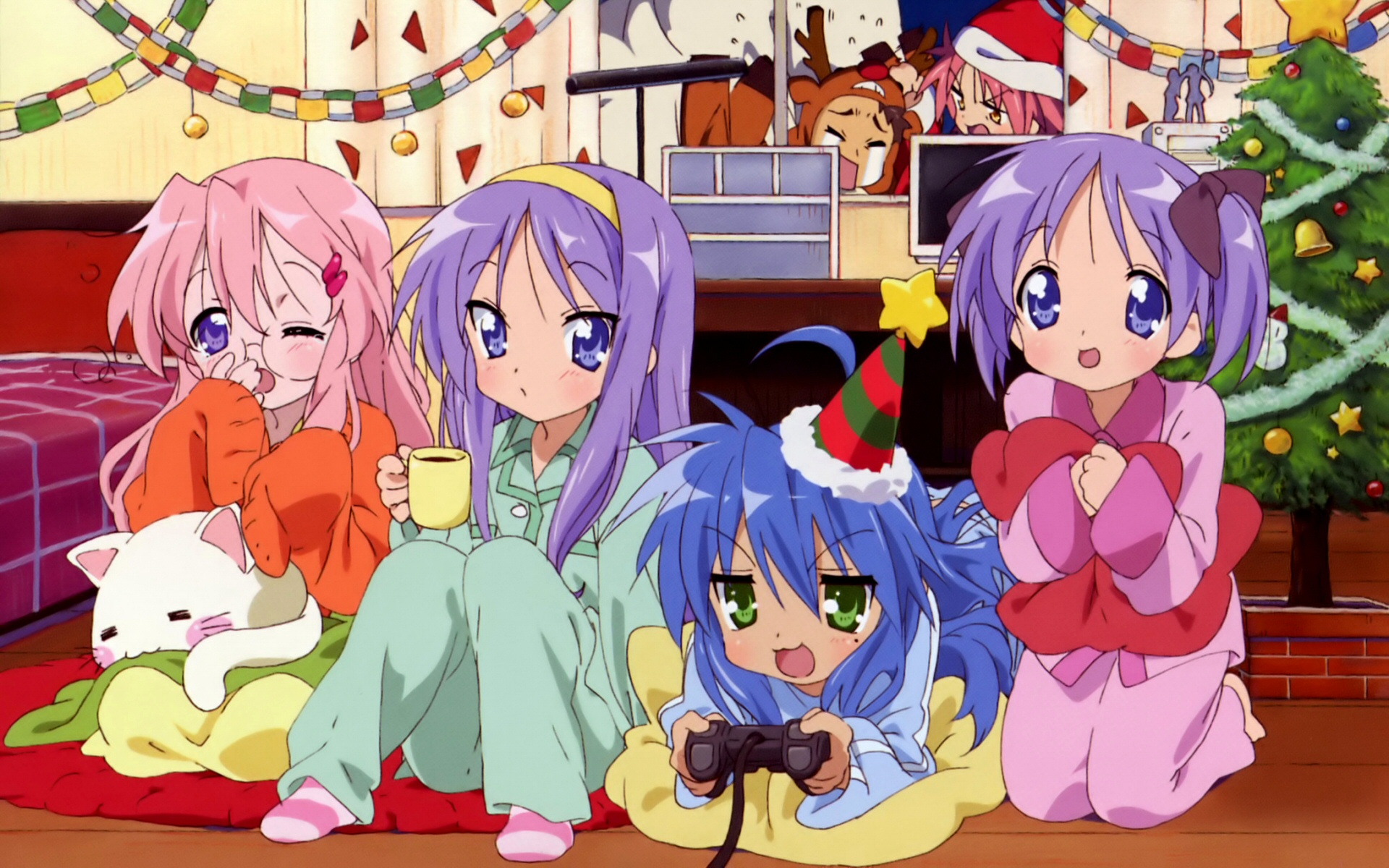 blue_eyes, blue_hair, blush, christmas, game_console, green_eyes, hiiragi_kagami, hiiragi_tsukasa, izumi_konata, kogami_akira, long_hair, lucky_star, pink_hair, purple_hair, shiraishi_minoru, stars, takara_miyuki