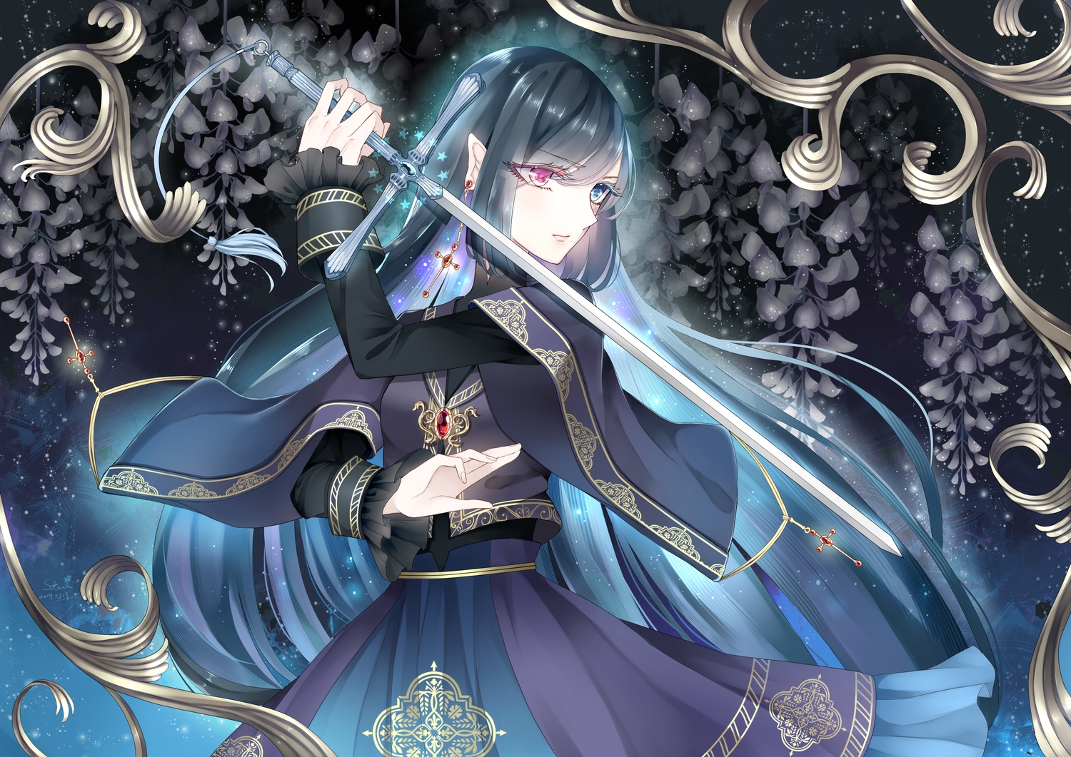 bicolored_eyes, long_hair, original, pixiv_fantasia, stari, sword, weapon