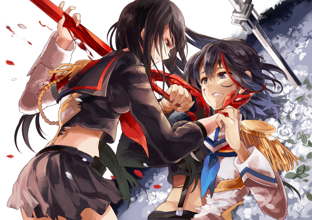 2girls, blood, flowers, himuro, kill_la_kill, kiryuin_satsuki, matoi_ryuuko, sword, tears, weapon