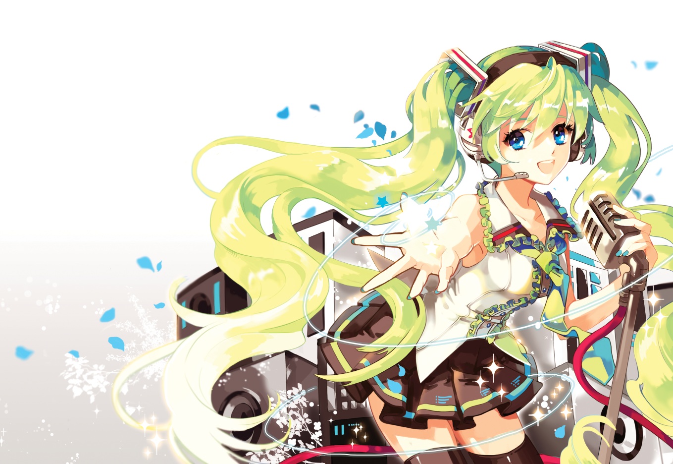 blue_eyes, green_hair, hatsune_miku, headphones, long_hair, microphone, petals, platina77