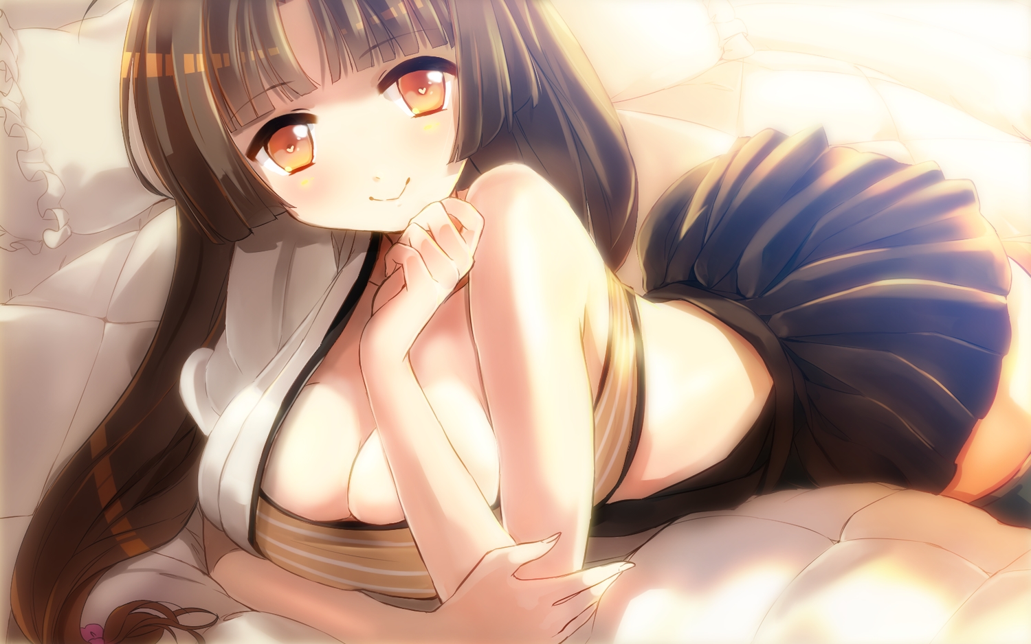 anthropomorphism, breasts, brown_eyes, brown_hair, cleavage, kantai_collection, poko_(mammypoko), shouhou_(kancolle), skirt