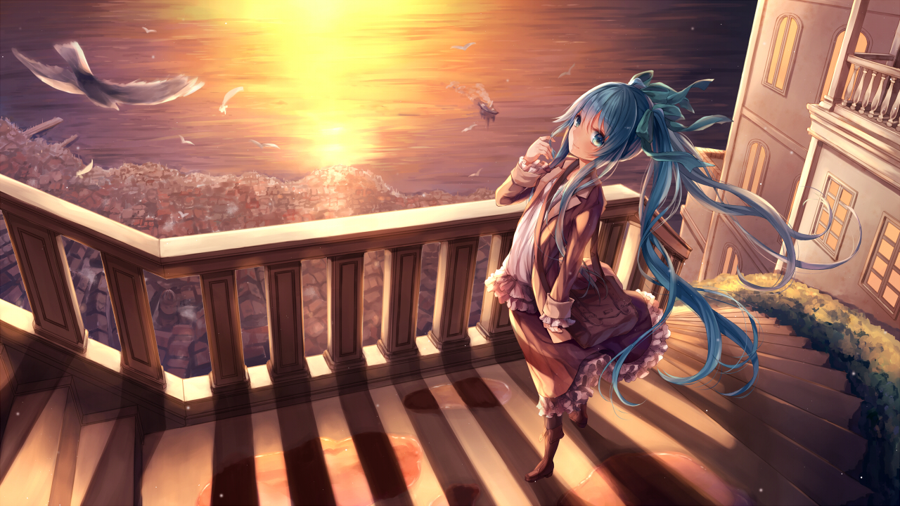 animal, aquarium_tama, bird, blue_eyes, blue_hair, boots, building, dress, feathers, hatsune_miku, long_hair, stairs, sunset, vocaloid, water