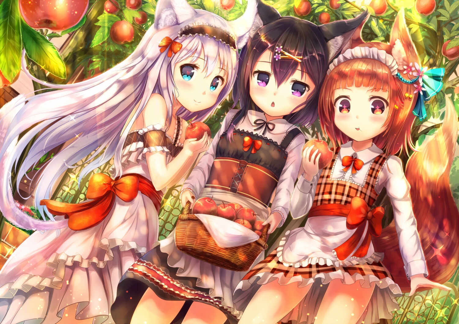 animal_ears, apple, aqua_eyes, black_hair, blush, bow, brown_hair, catgirl, dress, food, foxgirl, fruit, headdress, loli, long_hair, orange_eyes, original, purple_eyes, purple_hair, sakura_ani, short_hair, tail