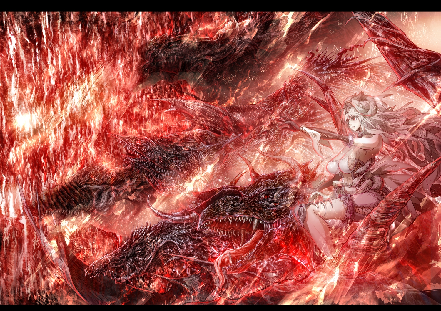 breasts, cleavage, dragon, elbow_gloves, fire, gloves, horns, long_hair, original, red, red_eyes, tanupo, white_hair