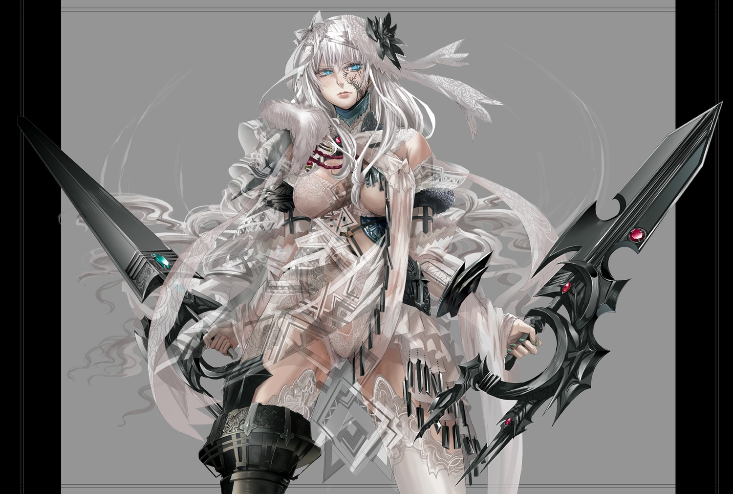 blue_eyes, bow, headdress, long_hair, original, sword, tanupo, tattoo, weapon, white_hair