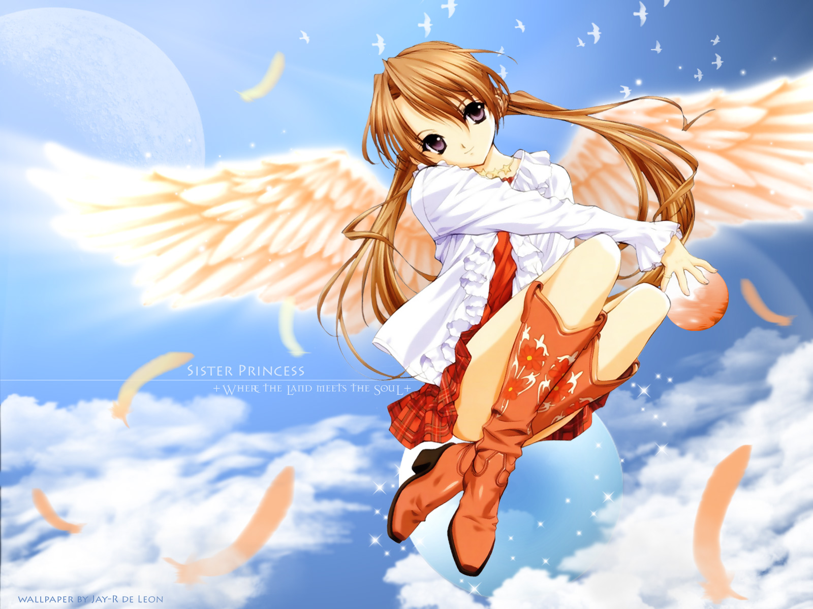 boots, brown_hair, feathers, minakami_sakuya, purple_eyes, sister_princess, skirt, sky, tenhiro_naoto, wings