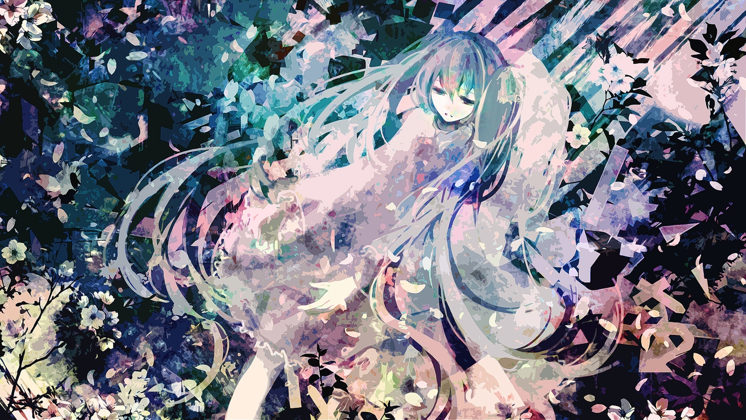 blue_eyes, blue_hair, dress, flowers, hatsune_miku, leaves, long_hair, petals, ruuya_higashino, twintails, vocaloid