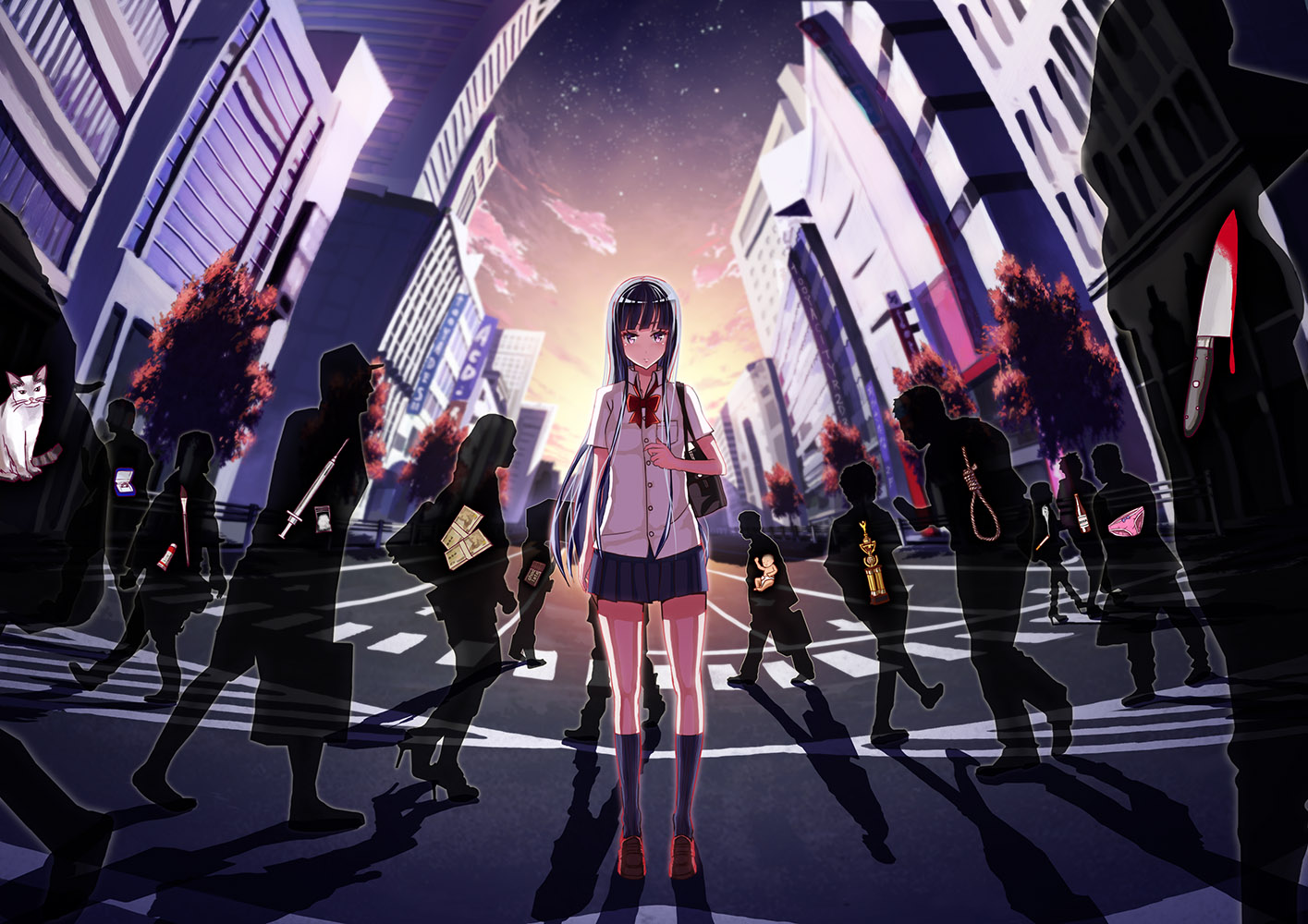 108tooya, animal, black_eyes, black_hair, blood, building, cat, city, group, jpeg_artifacts, kneehighs, knife, long_hair, original, panties, rope, school_uniform, silhouette, skirt, tree, underwear