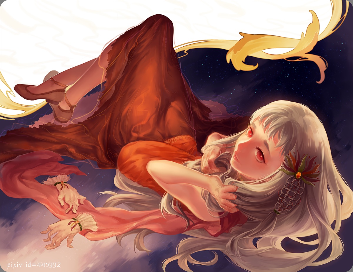 akashirokai, dress, gloves, long_hair, original, red_eyes, watermark, white_hair