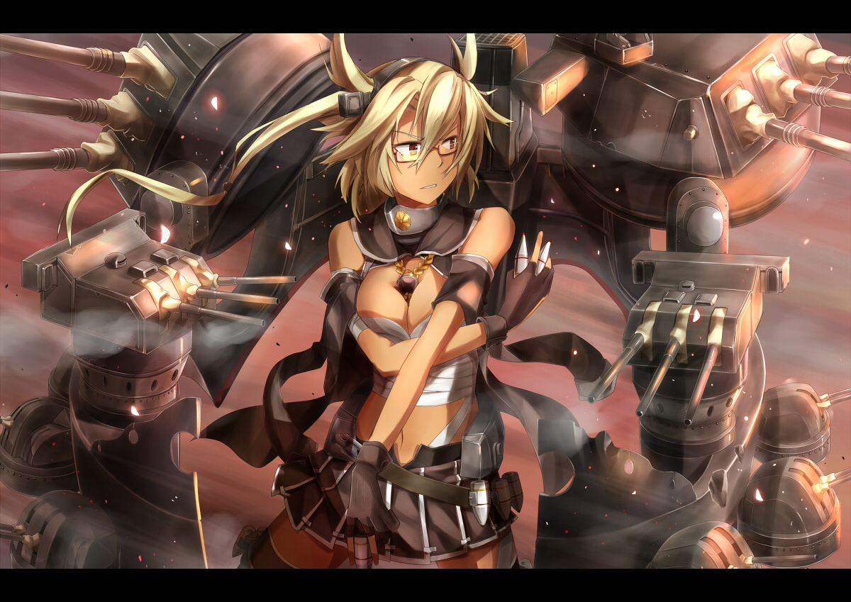anthropomorphism, blonde_hair, breasts, cleavage, dark_skin, glasses, gloves, ido_(teketeke)