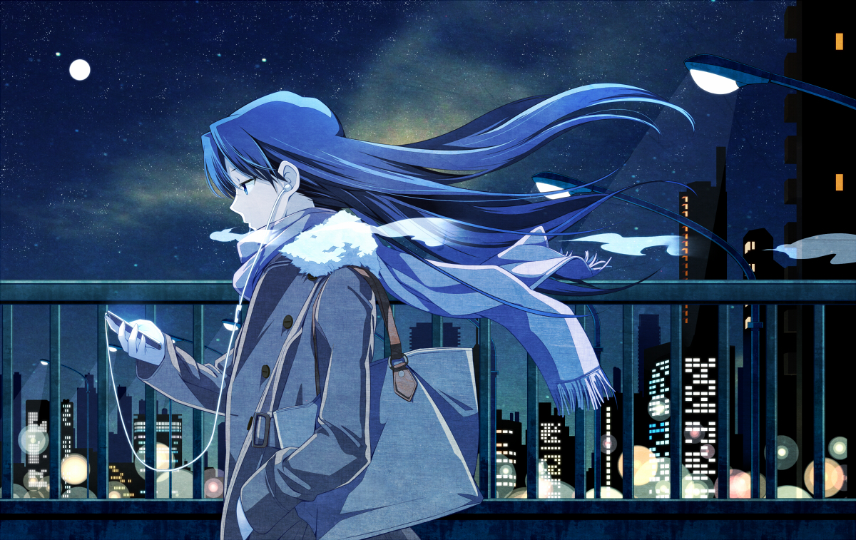 blue, blue_hair, building, city, headphones, idolmaster, kisaragi_chihaya, long_hair