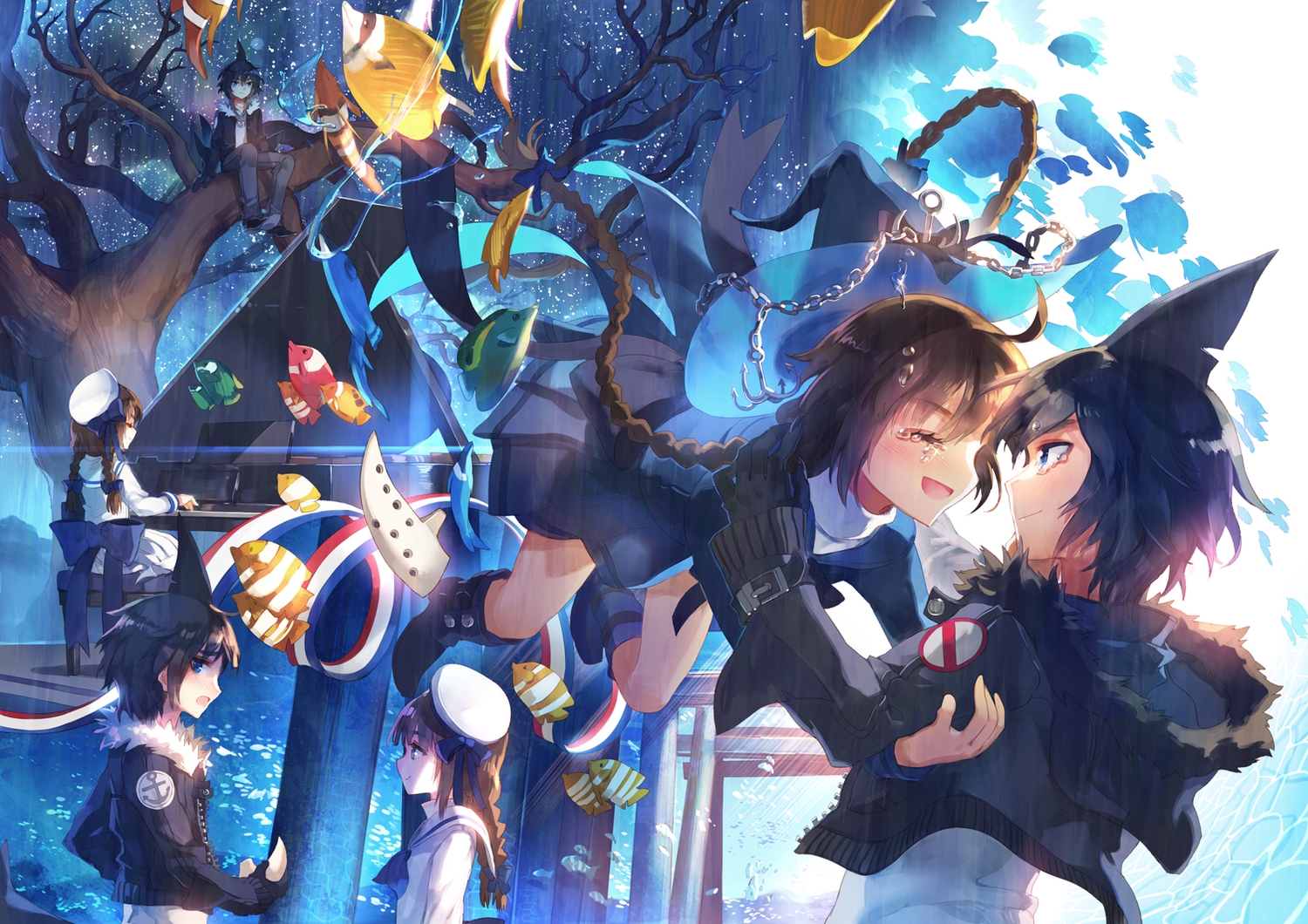 animal, black_hair, boots, bow, braids, brown_hair, chain, fish, hat, instrument, piano, ribbons, samekichi, scorpion5050, short_hair, skirt, tears, torii, tree, wadanohara, wadanohara_and_the_great_blue_sea, witch_hat