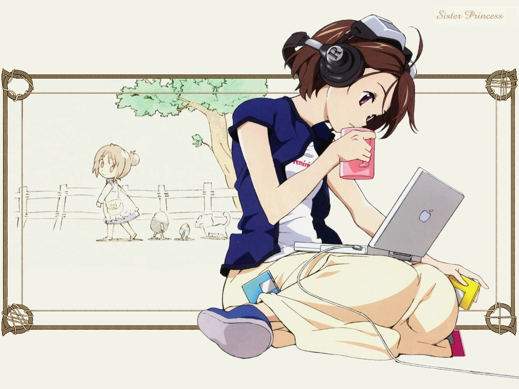 brown_eyes, brown_hair, computer, headphones, mac, minakami_rinrin, short_hair, sister_princess