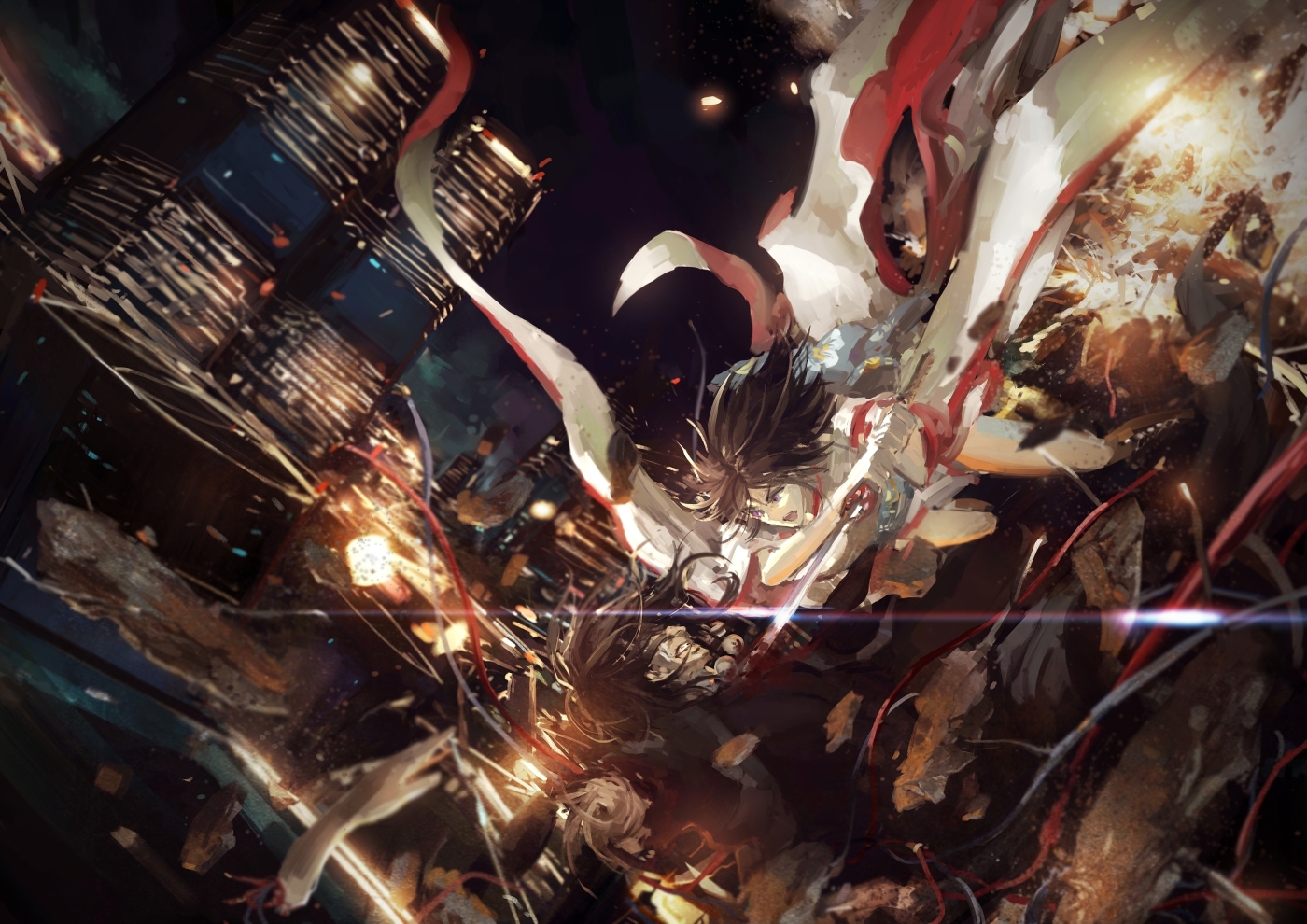 araya_souren, black_hair, building, city, japanese_clothes, kara_no_kyoukai, katana, night