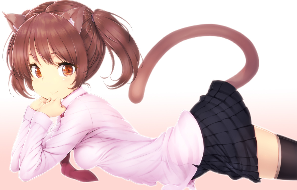 animal_ears, brown_hair, catgirl, orange_eyes, original, skirt, tail, thighhighs, twintails, zizi_(zz22)