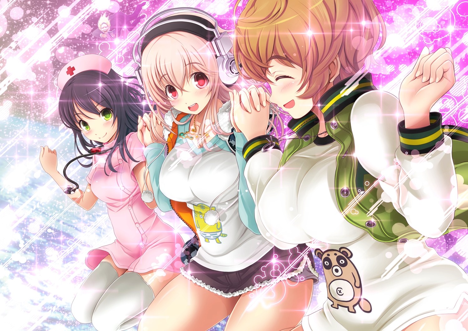 black_hair, blush, brown_hair, fujimi_suzu, green_eyes, hat, headphones, long_hair, male, necklace, nitroplus, nurse, red_eyes, short_hair, sonico, super_sonico, thighhighs, v-mag, watanuki_fuuri