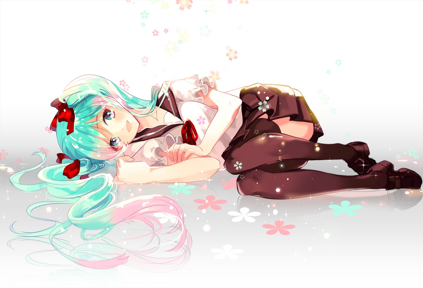 aqua_eyes, aqua_hair, hatsune_miku, long_hair, pink_hair, platina77, ribbons, school_uniform, skirt, thighhighs, twintails, vocaloid