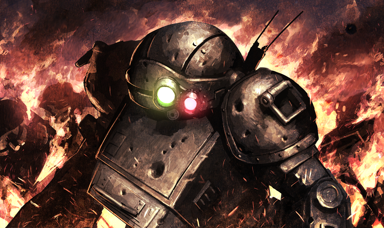 armor, armored_trooper_votoms, fire, green_eyes, hellshock, mecha, red_eyes, robot