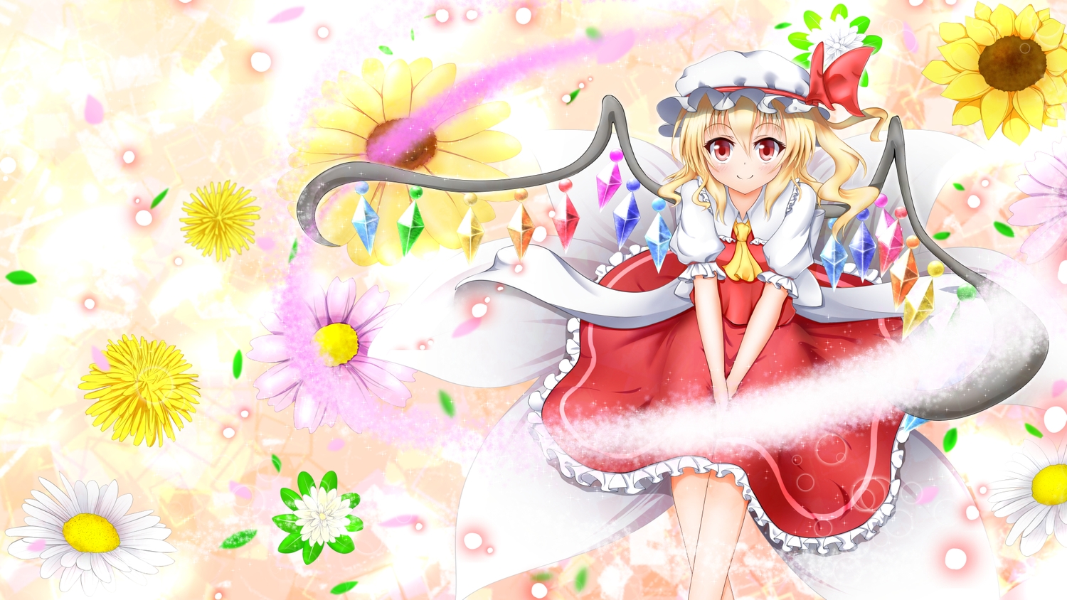 blonde_hair, flandre_scarlet, flowers, hat, red_eyes, ribbons, short_hair, touhou, vampire, wings, ymd_(holudoun)