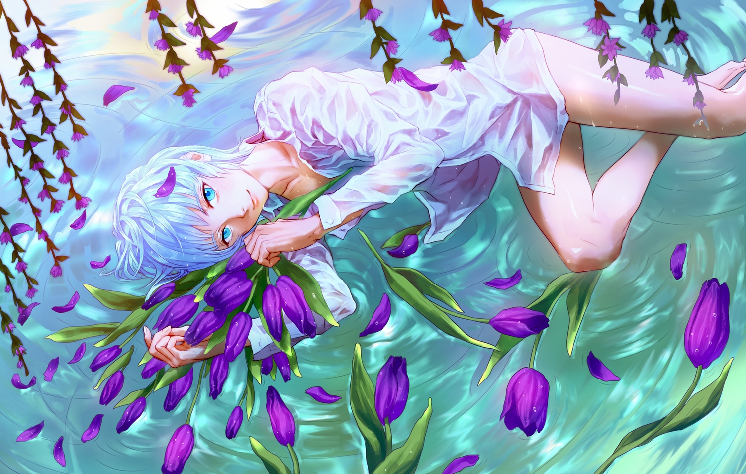 blue_eyes, blue_hair, flowers, naked_shirt, original, rukiana, shirt, short_hair