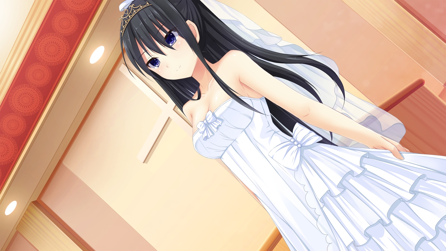 aoi_suzuka, black_hair, blue_eyes, bow, game_cg, kagura_yuu, long_hair, otonari_koi_sensou, sugar_house, tiara, wedding_attire