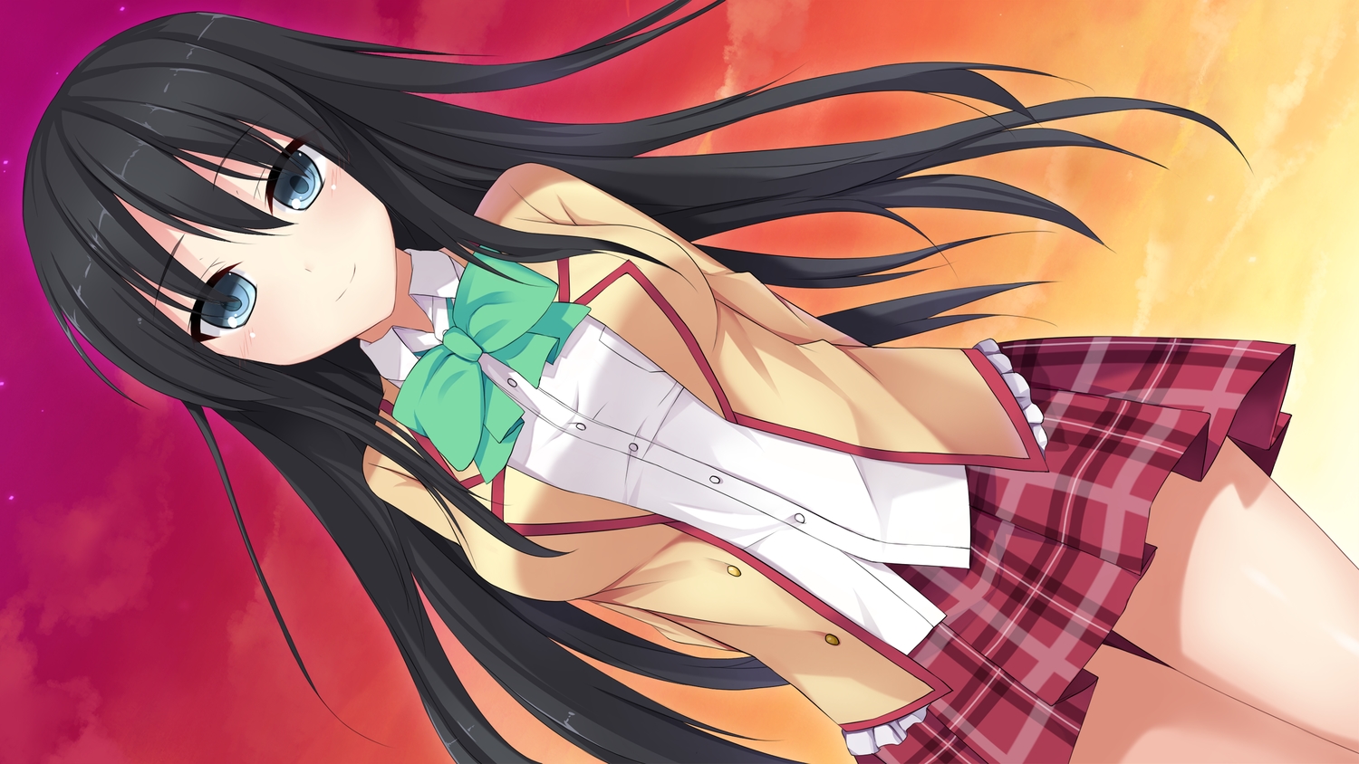 aoi_suzuka, black_hair, blue_eyes, bow, game_cg, kagura_yuu, otonari_koi_sensou, school_uniform, skirt, sugar_house