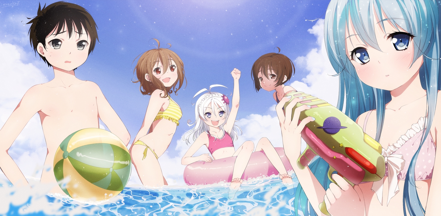 bikini, black_hair, blue_eyes, blue_hair, blush, brown_eyes, brown_hair, denpa_onna_to_seishun_otoko