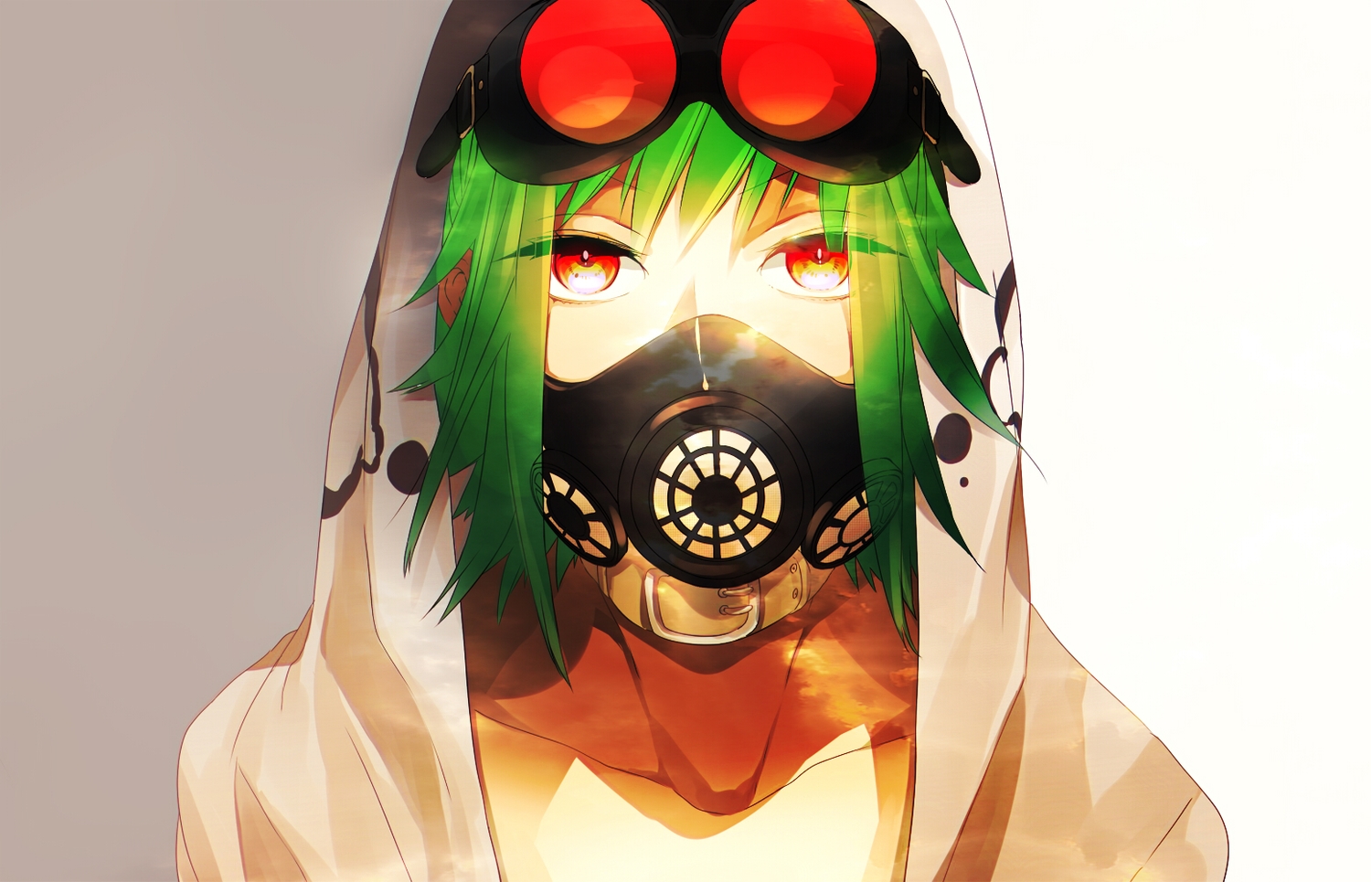 close, collar, goggles, green_hair, gumi, kyama, mask, red_eyes, short_hair, vocaloid