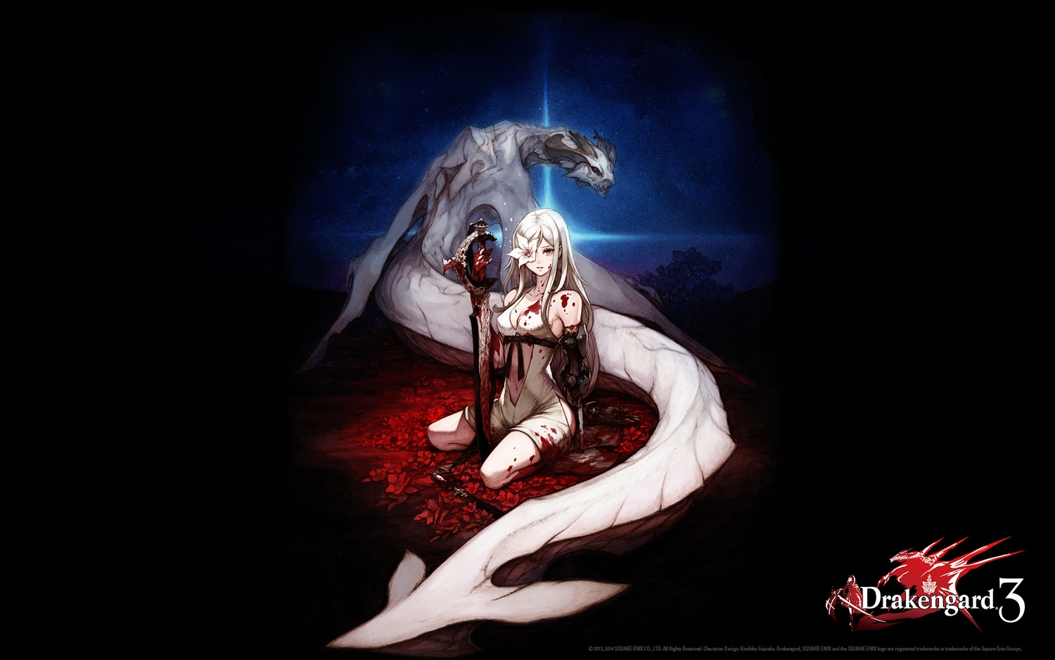 blood, breasts, cleavage, dragon, drag-on_dragoon, flowers, horns, mikhail