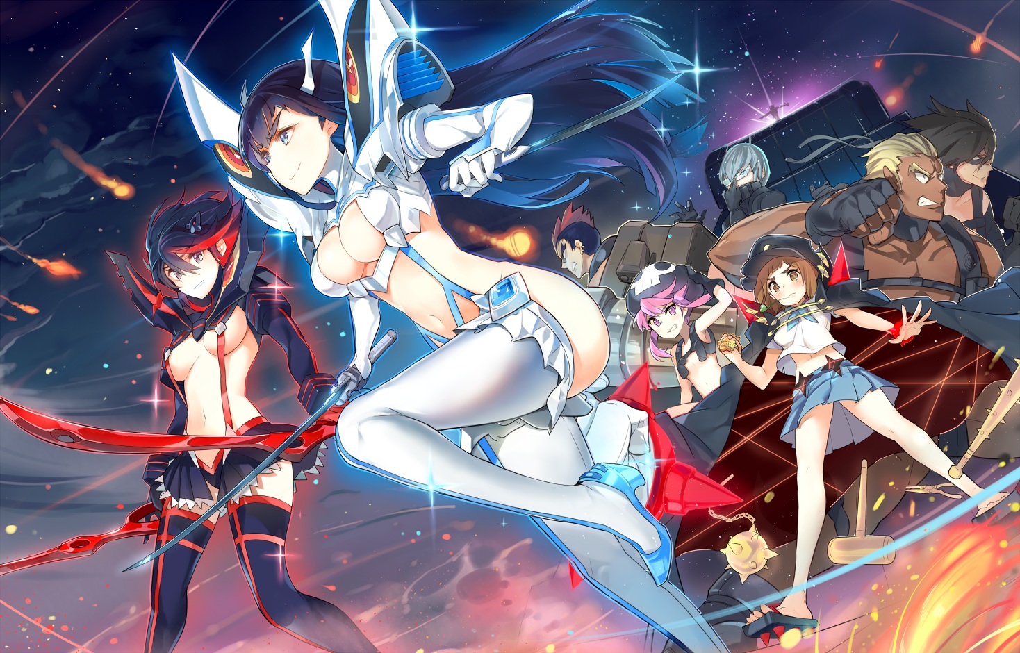 aqua_hair, black_eyes, black_hair, blonde_hair, blue_eyes, blush, brown_eyes, brown_hair, dark_skin, gamagouri_ira, gloves, group, hat, inumuta_houka, iori_shirou, jakuzure_nonon, katana, kill_la_kill, kiryuin_satsuki, long_hair, male, mankanshoku_mako, mask, matoi_ryuuko, mikisugi_aikurou, navel, pink_hair, sanageyama_uzu, short_hair, skirt, sword, thighhighs, tsumugu_kinagase, uniform, weapon, yuran